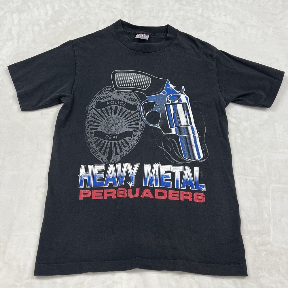 Sof Tee Graphic T-Shirt Mens M Black Heavy Metal Persuaders Police Badge Vintage